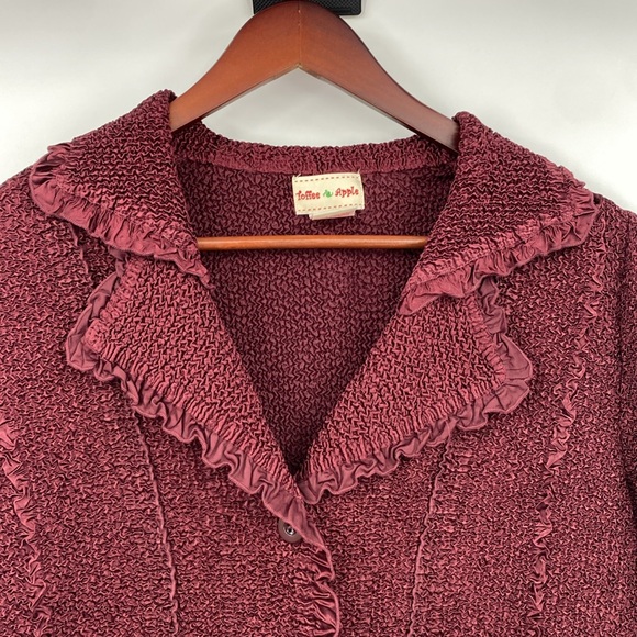Toffee Apple Button Front Jacket Womens Sz XL Burgundy‎ Crinckle Ruffle Stretch - Picture 4 of 14